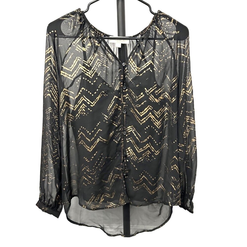 Olive & Oak Black Gold Print Sheer Long Sleeve Blouse and Camisole Sz S